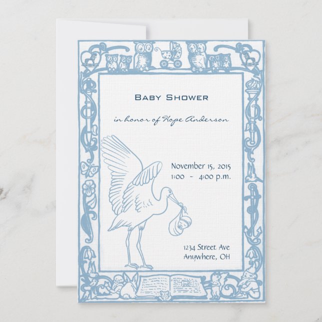 Baby Boy Stork & Owl Border Shower Announcement (Front)