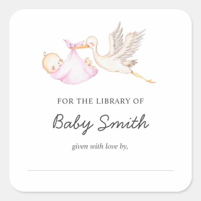Baby Boy Stork Shower Bookplate Square Sticker (Front)