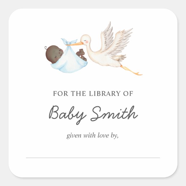 Baby Boy Stork Shower Bookplate Square Sticker (Front)