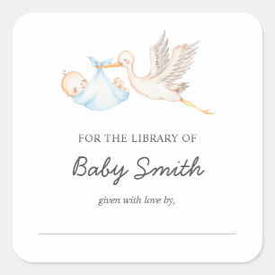 Baby Boy Stork Shower Bookplate Square Sticker