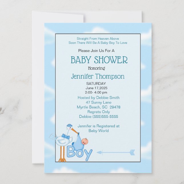 Baby Boy Stork Shower Invitations (Front)