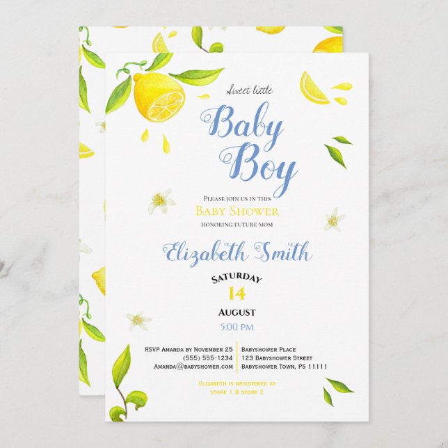 Baby boy summer spring lemon theme babyshower invitation (Front/Back)