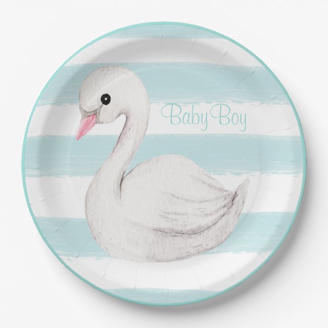 Baby Boy Swan Blue Script Baby Shower Paper Plate (Front)