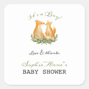Baby Boy Sweet Fox Woodland Baby Shower Square Sticker