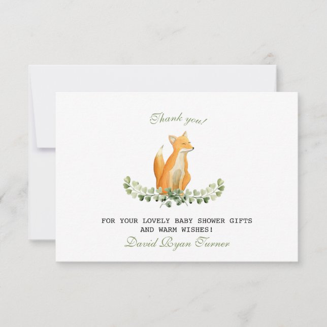 Baby Boy Sweet Fox Woodland Baby Shower Thank You (Front)