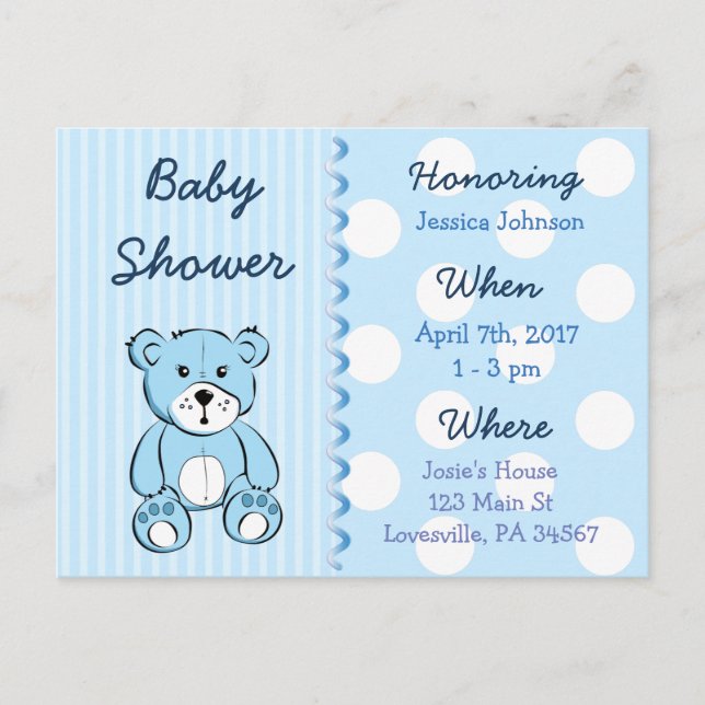 Baby Boy Teddy Bear Baby Shower Invitation Postcard (Front)