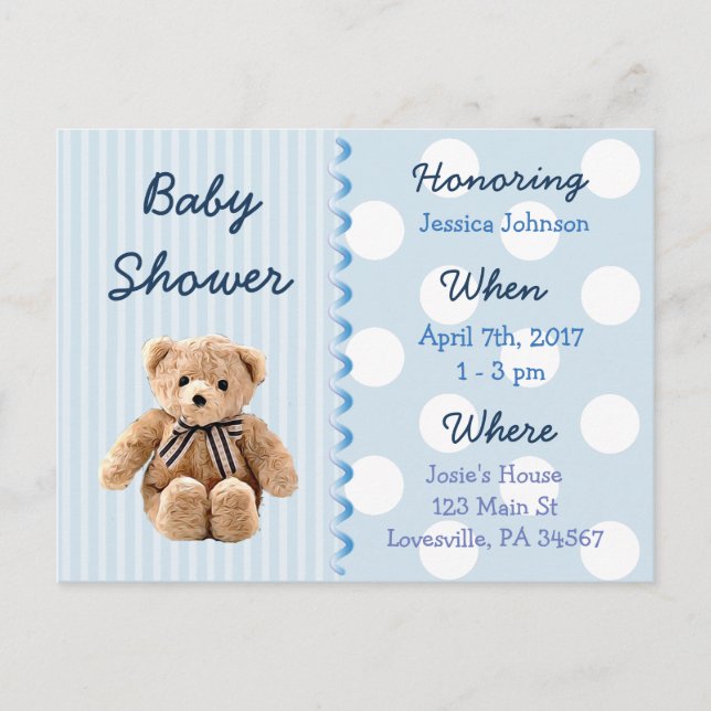 Baby Boy Teddy Bear Blue Baby Shower Invitation Postcard (Front)