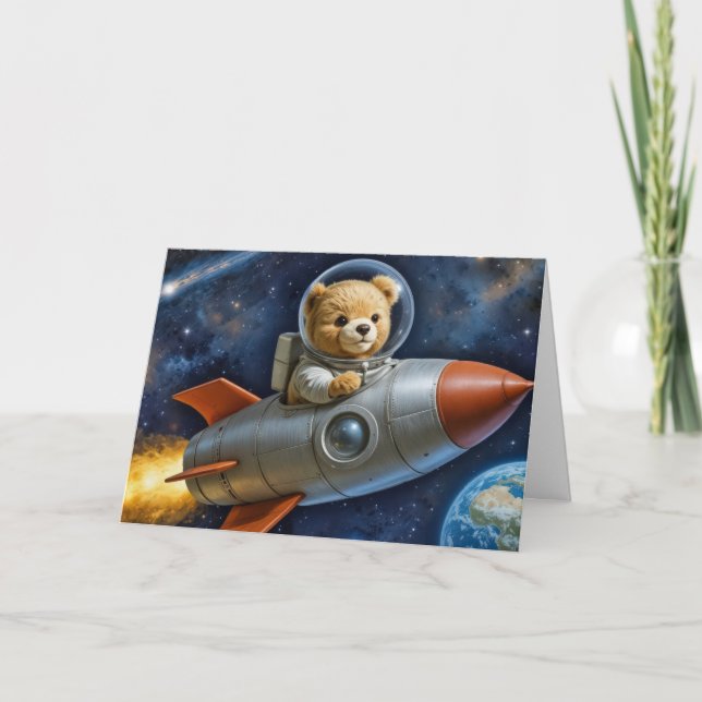 Baby Boy Teddy Bear In a Rocket Card (Front)