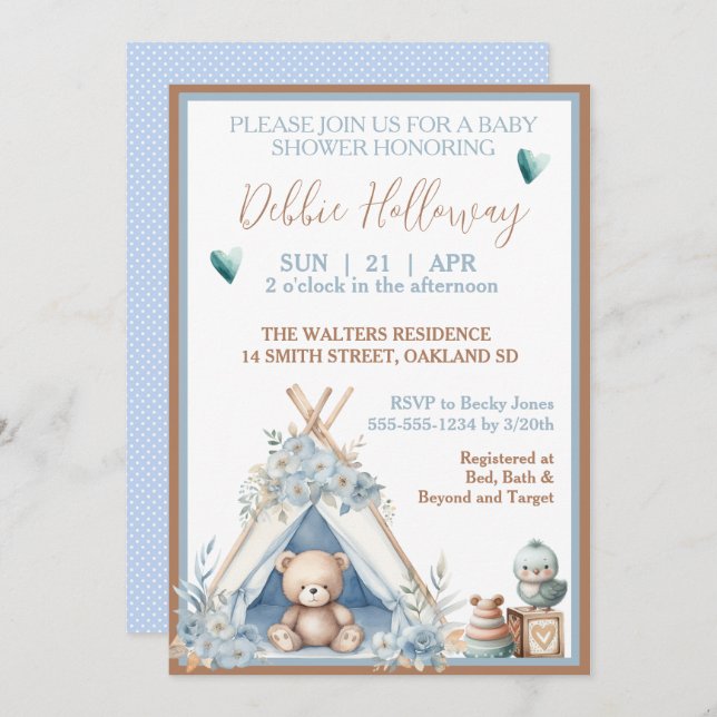 Baby Boy Teddy Bear in Teepee Baby Shower Invitation (Front/Back)