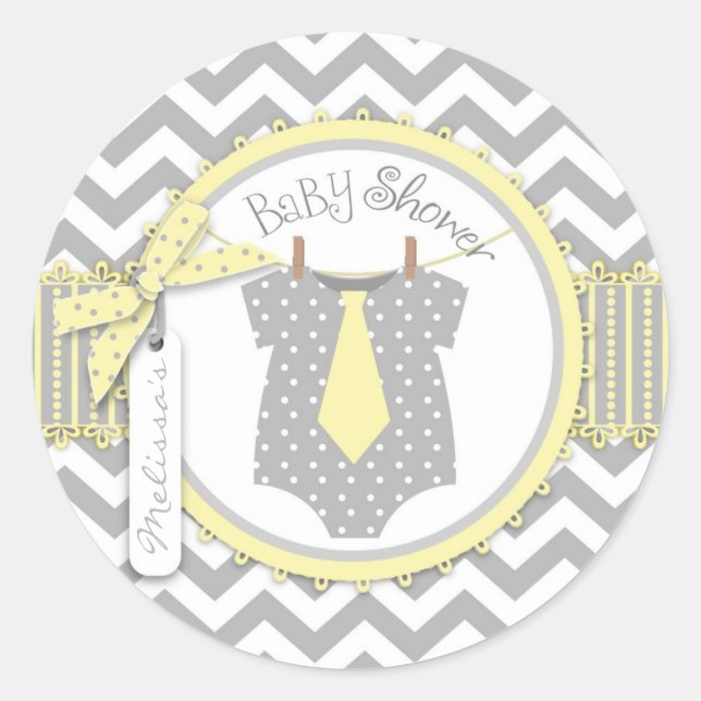 Baby Boy Tie Chevron Print Baby Shower Classic Round Sticker (Front)