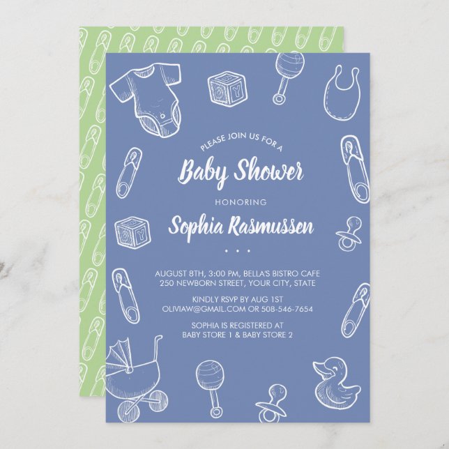 Baby Boy Toys Clothes Blue Baby Shower Invitation (Front/Back)