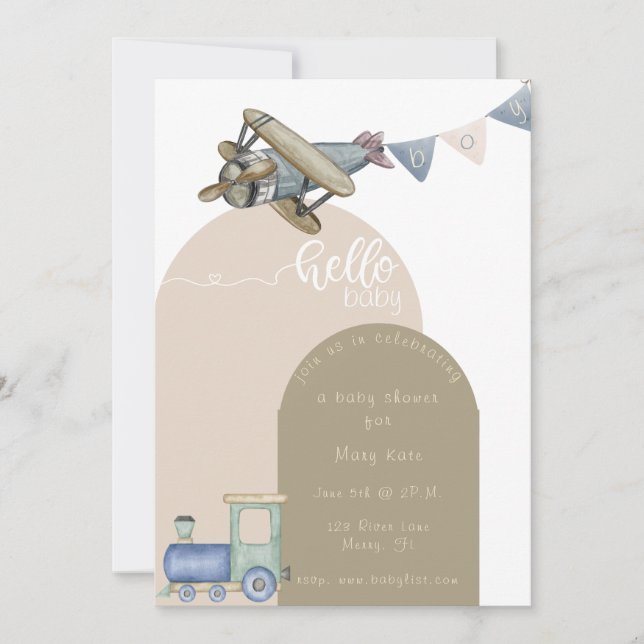 Baby Boy Trains and Plane baby shower Invitation (Front)