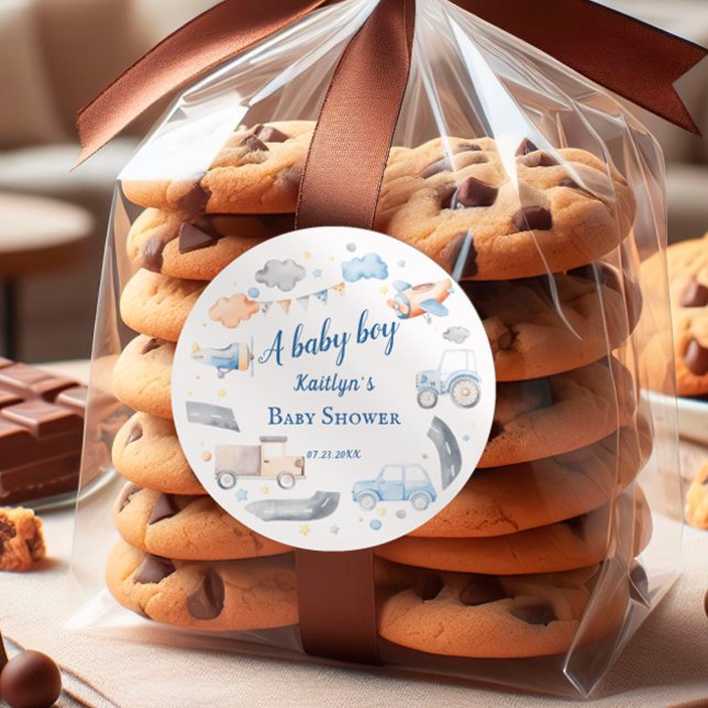 Baby Boy Transportation Cars Baby Shower Classic Round Sticker (Creator Uploaded)