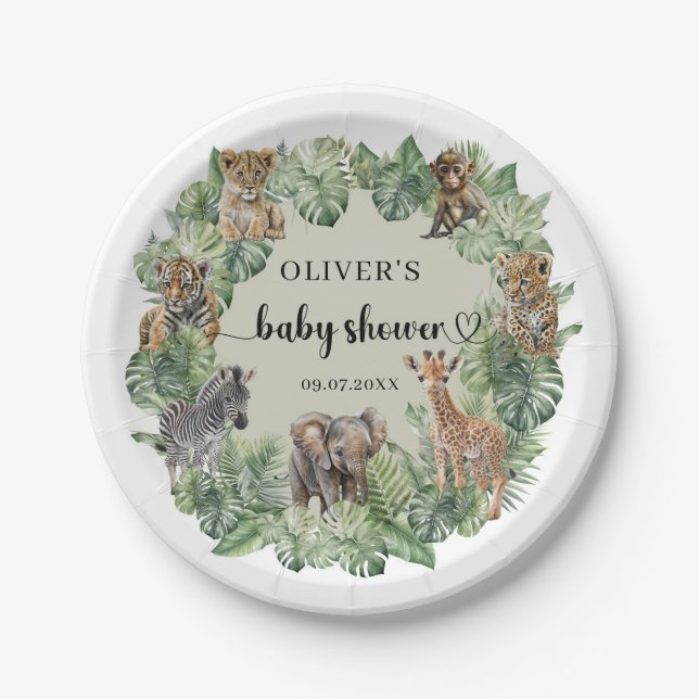 Baby Boy Tropical Jungle Safari Animals Shower Paper Plate (Front)