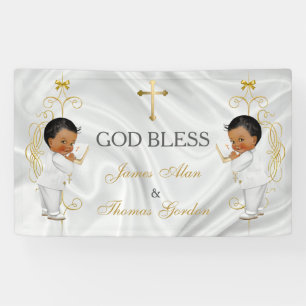 Baby Boy Twins Baptism Christening Gold Ethnic Banner