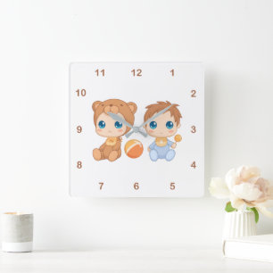 Baby Boy Twins Bear Jumpsuit 2 Square Wall Clock