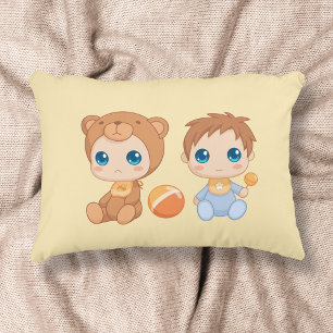 Baby Boy Twins Bear Jumpsuit on Yellow Decorative Cushion