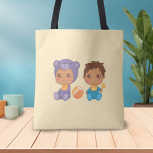 Baby Boy Twins Purple Bear Jumpsuit on Yellow Tote Bag