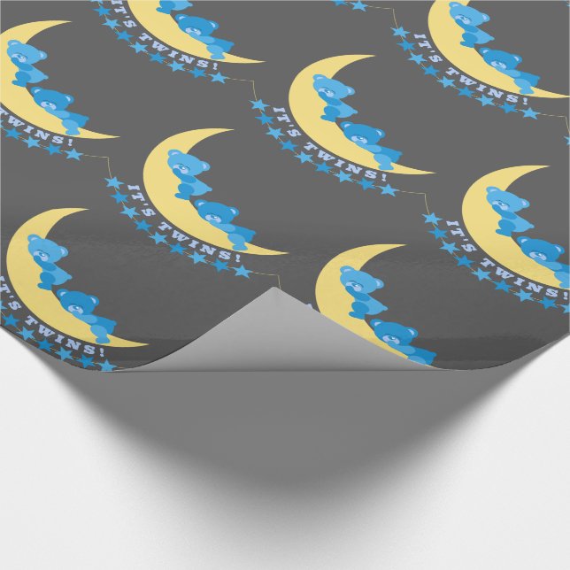 Baby Boy Twins Teddy Bears on Moon Pattern Wrapping Paper (Corner)