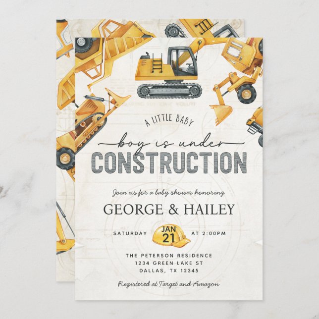 Baby Boy Under Construction Dump Truck Baby Shower Invitation (Front/Back)
