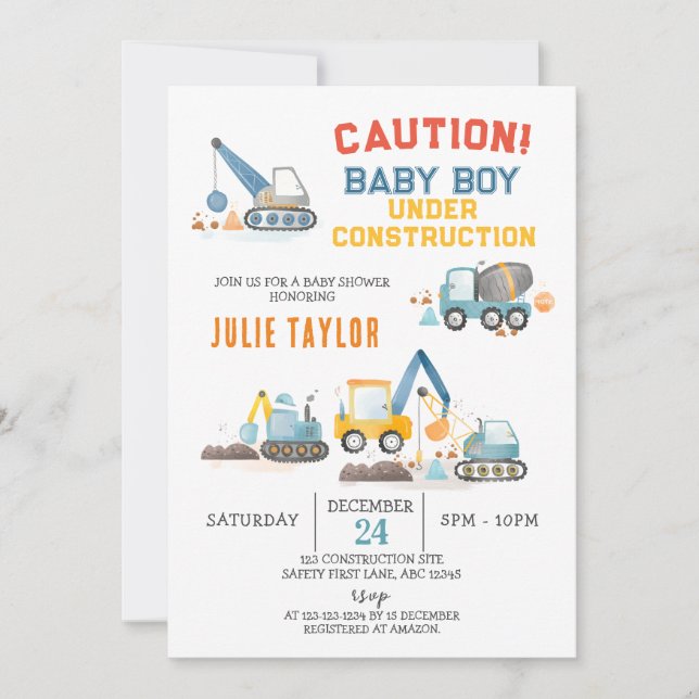 Baby Boy under Construction, Truck Boy Baby Shower Invitation (Front)