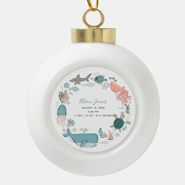Baby Boy Under the Sea Birth Stats Keepsake Ceramic Ball Christmas Ornament (Front)