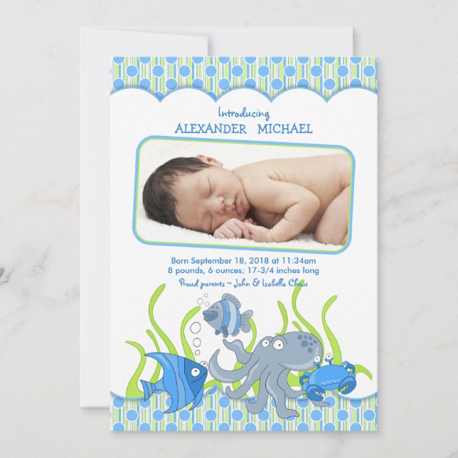 Baby Boy Under the Sea Cartoon Birth Announcement (Front)