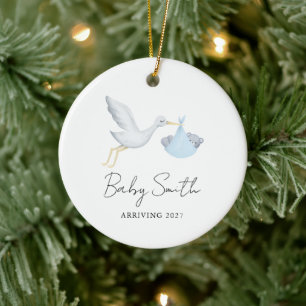 Baby Boy Water Colour Stork Announcement Year Ceramic Ornament