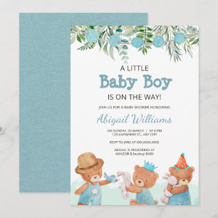 Baby Boy Watercolor Teddy Bear Baby Shower Invitation