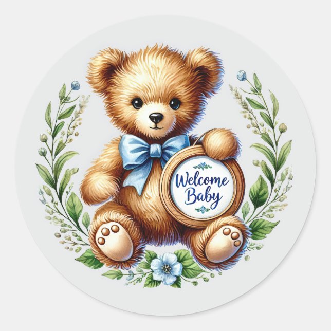 Baby boy welcome bear  classic round sticker (Front)
