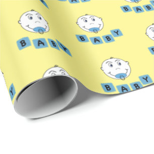Baby Boy with Binky Smirk Face on Yellow Wrapping Paper