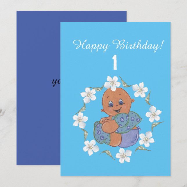 Baby boy with blue garment - happy birthday card (Front/Back)