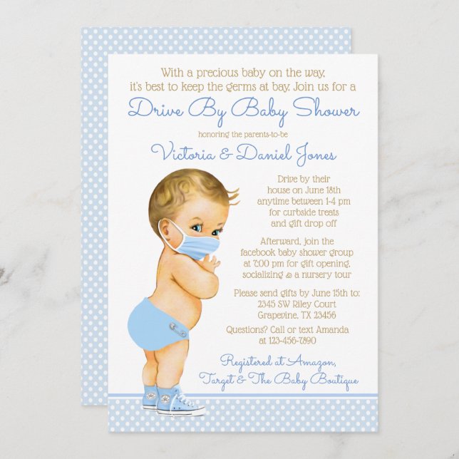 Baby Boy With Mask Drive By Baby Shower Invitation (Front/Back)