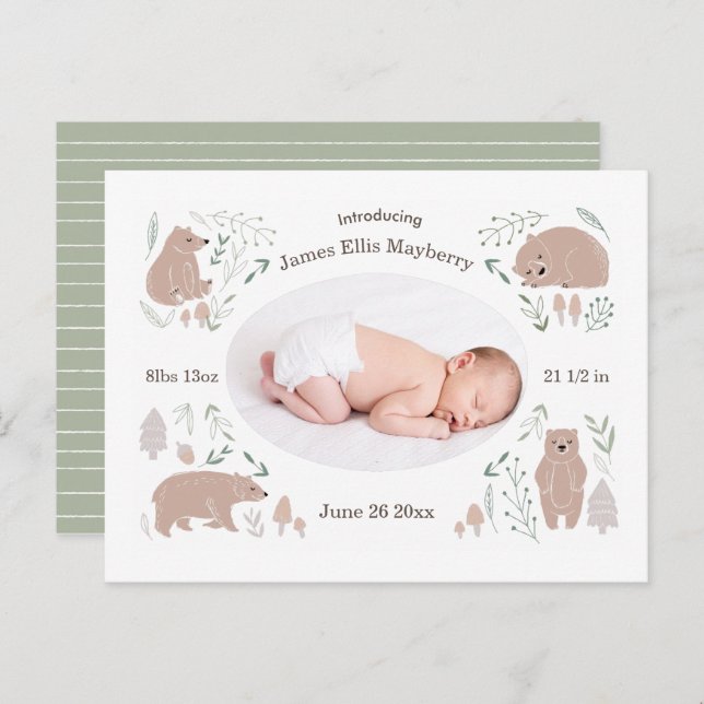 Baby boy woodland bear birth Announcement Postcard (Front/Back)