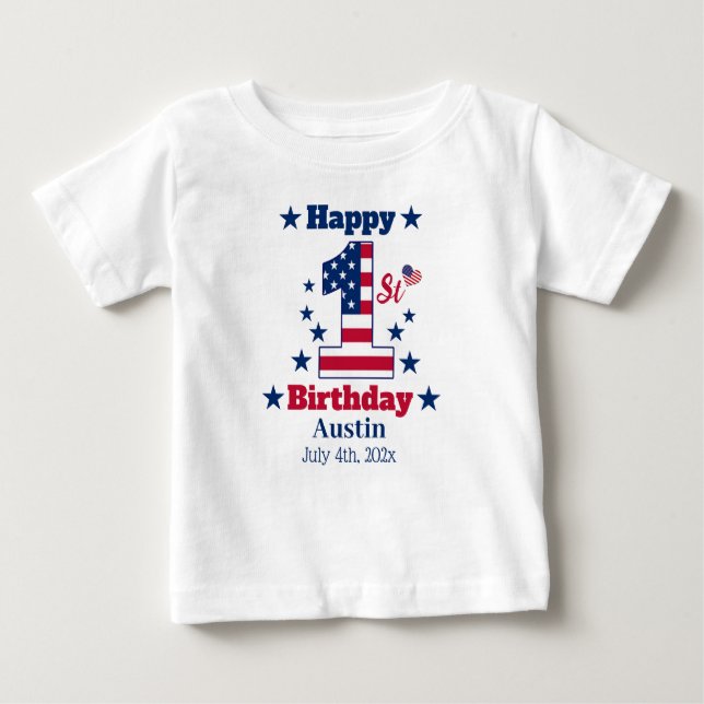 Baby Boy's 1st Birthday 4th Of July Custom White Baby T-Shirt (Front)