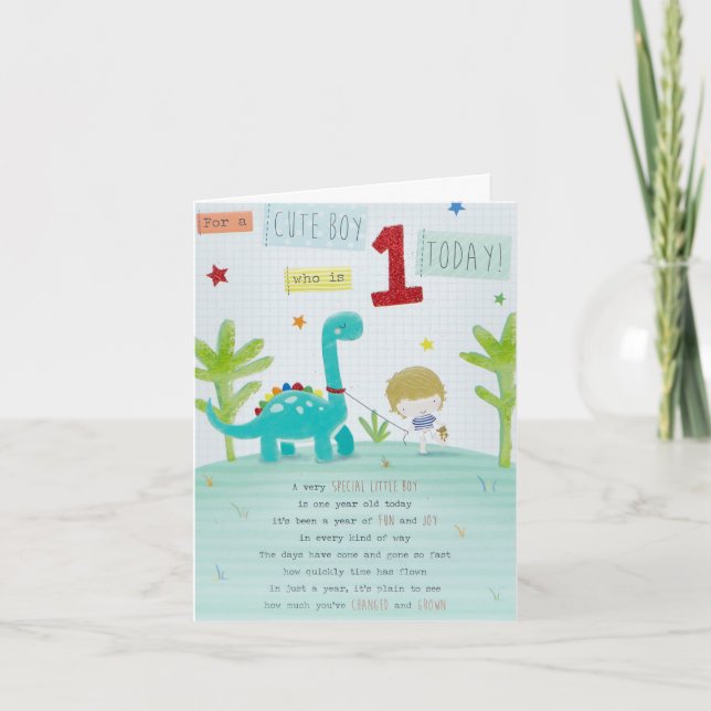 Baby Boys 1st Birthday Card - Walking Dino (Front)