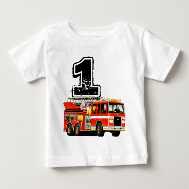 Baby Boys 1st Birthday Red Fire Truck T-Shirt (Front)