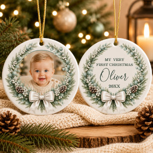 Baby Boy's 1st Christmas Bow Wreath Photo Ceramic Ornament