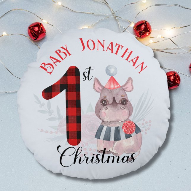 Baby Boy's 1st Christmas Cute Rhino Santa Hat Name Round Cushion (Creator Uploaded)