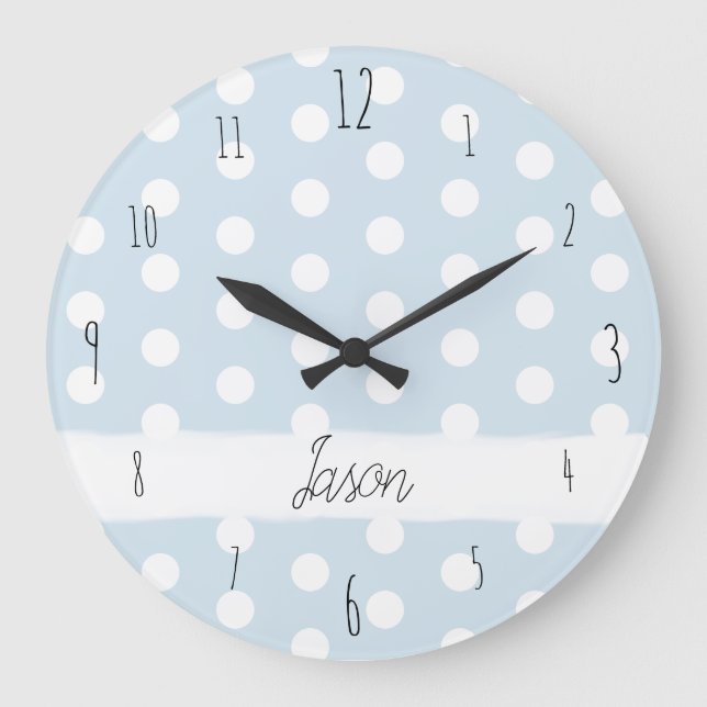 Baby Boy's Blue Polka Dot Spotty Pattern Nursery Large Clock (Front)