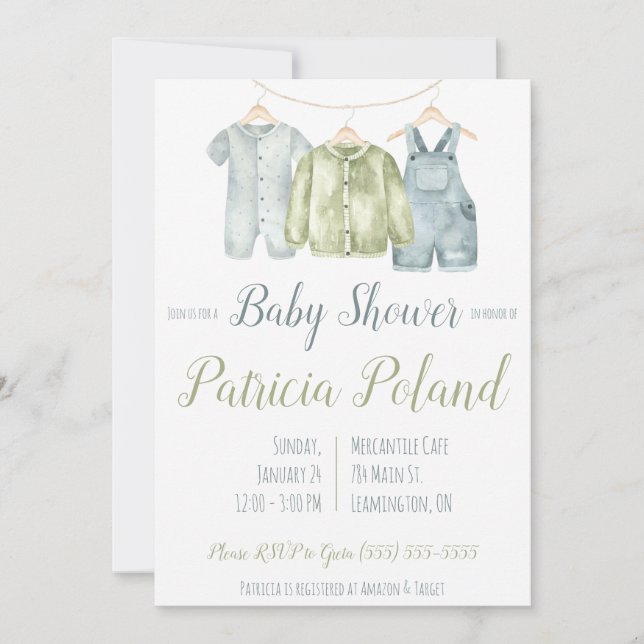 Baby Boy's Clothes on Clothesline Baby Shower  Invitation (Front)