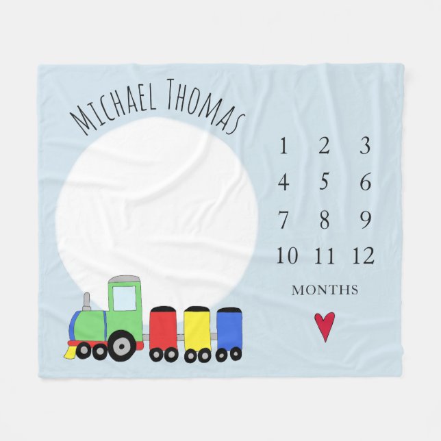 Baby Boys Colourful Train & Name Monthly Milestone Fleece Blanket (Front (Horizontal))