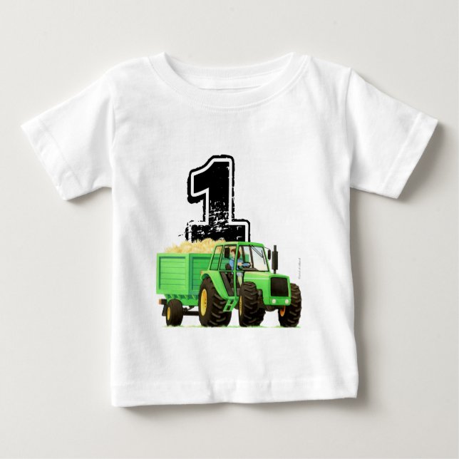 Baby Boys Custom Green Tractor 1st Birthday T-Shirt (Front)