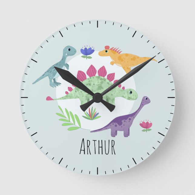 Baby Boys Cute Blue Dinosaur Kids Nursery Round Clock (Front)