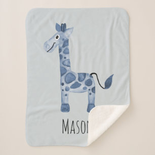 Baby Boy's Cute Blue Safari Giraffe and Name Sherpa Blanket