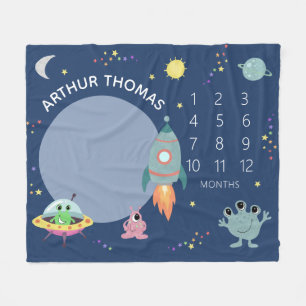Baby Boys Cute Blue Space Alien Cartoon Milestone Fleece Blanket
