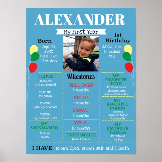 Baby Boy's First Birthday Balloons Photo Poster (Front)
