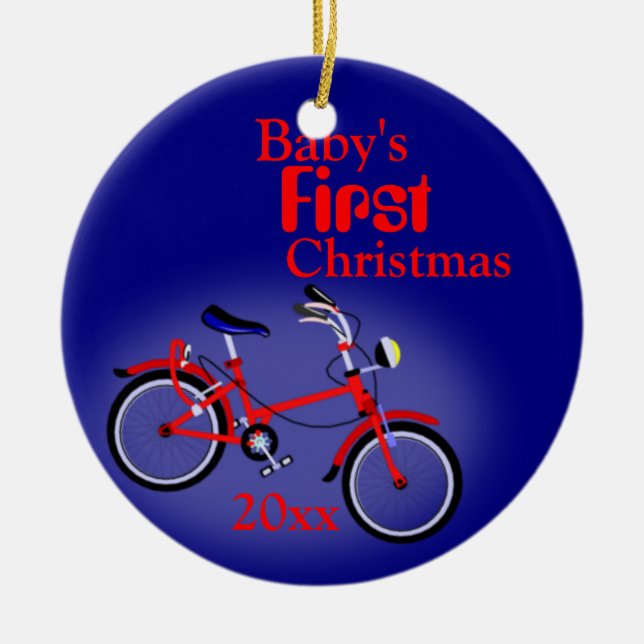 Baby Boy's First Christmas Bicycle Ceramic Ornament (Front)