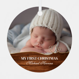 Baby Boy's First Christmas Birth Stats & Photo Metal Tree Decoration