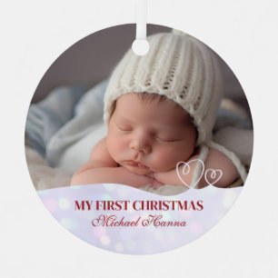 Baby Boy's First Christmas Birth Stats & Photo Metal Tree Decoration